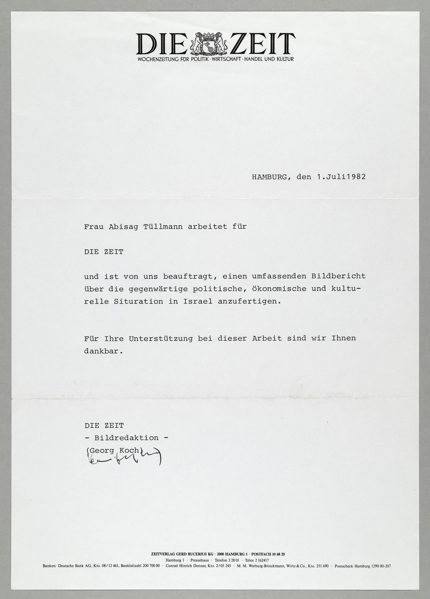 Begleitschreiben der ZEIT / Georg Koch für Abisag Tüllmann, 1.7.1982 - 