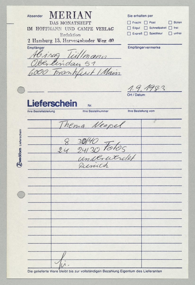 Lieferschein der Zeitschrift Merian an Abisag Tüllmann, 1.9.1983 - 