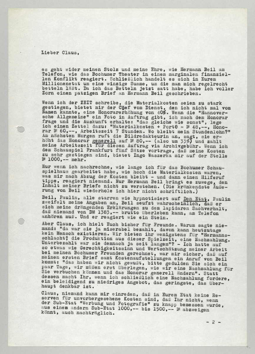 Brief von Abisag Tüllmann an Claus Peymann, 13.3.1983, Seite 1 (von 2) - 