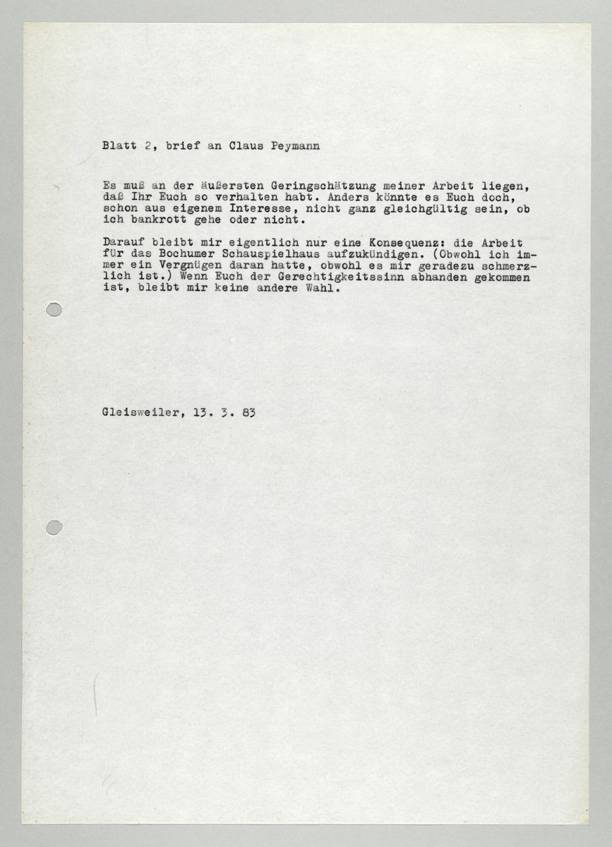 Brief von Abisag Tüllmann an Claus Peymann, 13.3.1983, Seite 2 (von 2) - 