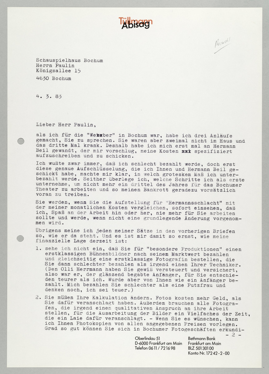 Brief von Abisag Tüllmann an das Schauspielhaus Bochum / Herr Paulin, 4.3.1983 - 