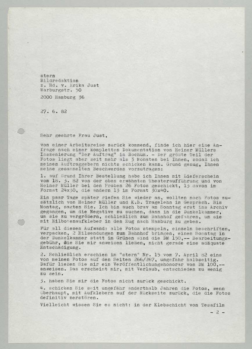 Brief von Abisag Tüllmann an die Bildredaktion des Magazins Stern / Frau Just, 1982 (1) - 