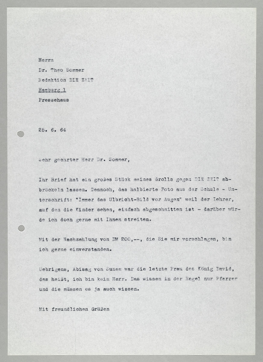 Brief von Abisag Tüllmann an die ZEIT / Dr. Theo Sommer, 25.6.1964 - 