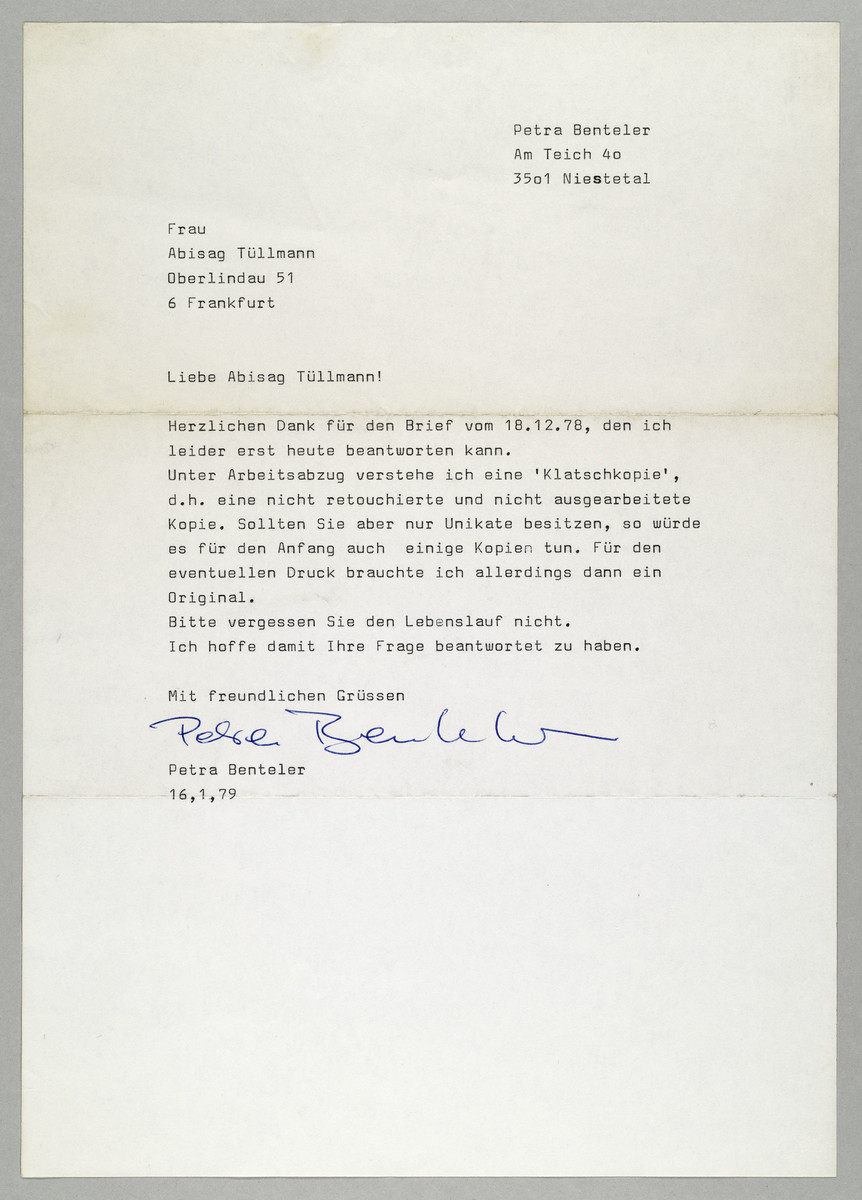 Brief von Petra Benteler an Abisag Tüllmann, 16.1.1979 - 