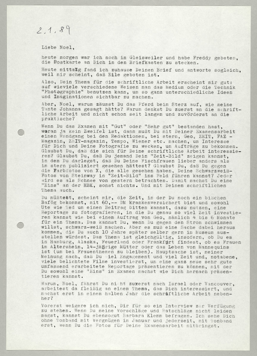 Brief von Abisag Tüllmann an Noel Matoff, 2.1.1989 - 