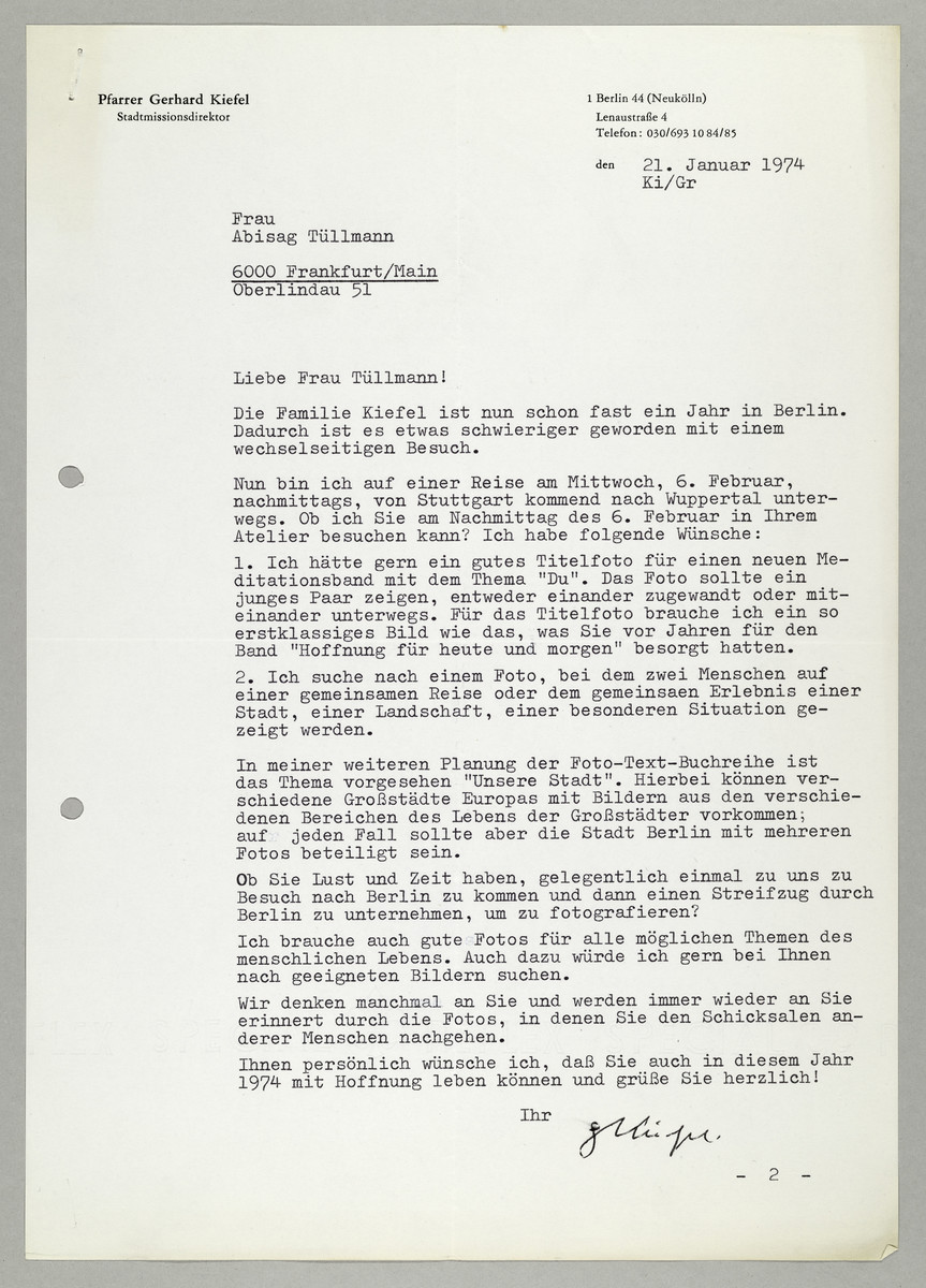 Brief des Pfarrers Gerhard Kiefel an Abisag Tüllmann, 21.1.1974 - 