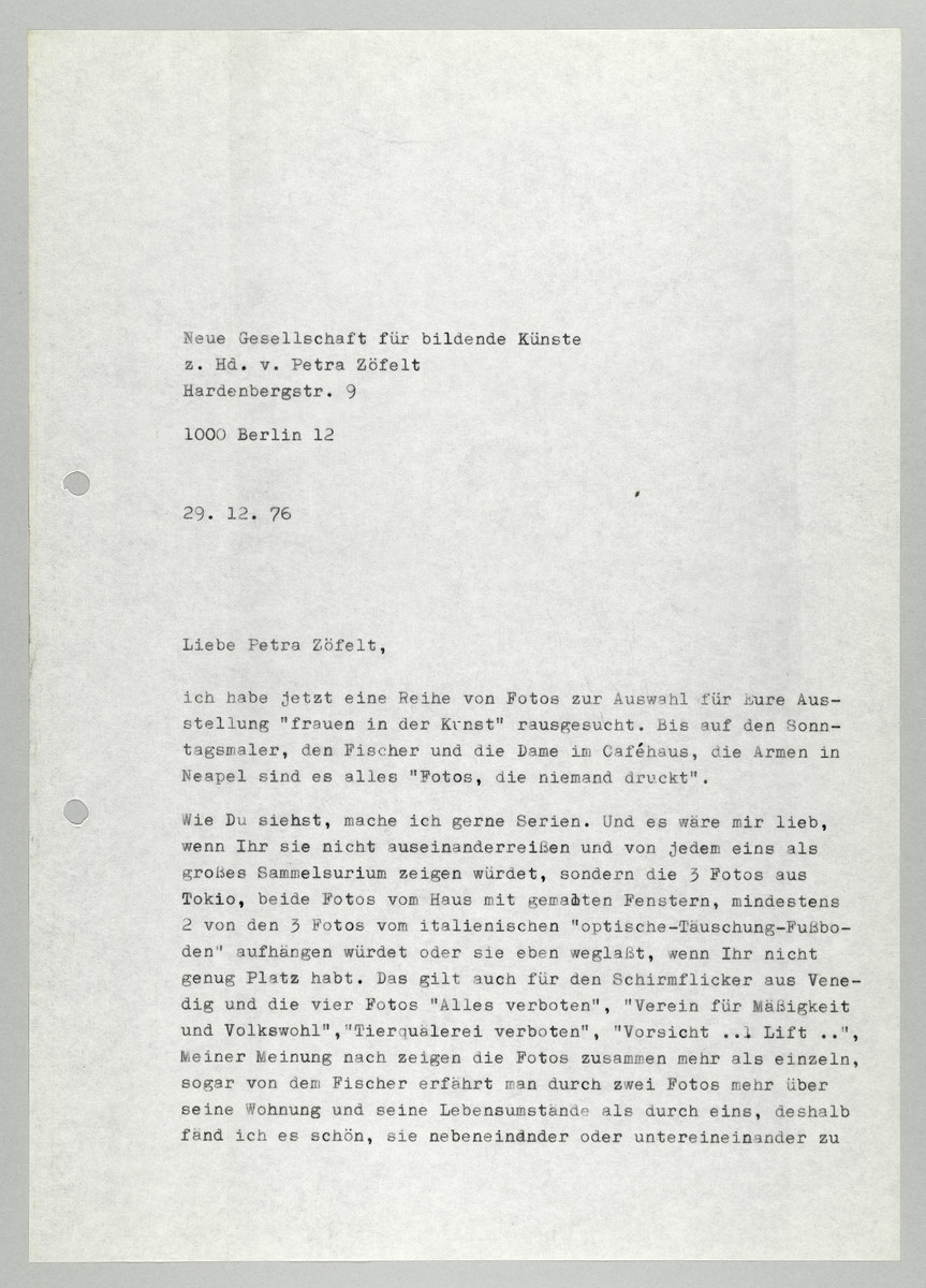 Brief von Abisag Tüllmann an die Neue Gesellschaft für bildende Künste (NGbK) / Petra Zöfelt, 29.12.1976 (1) - 