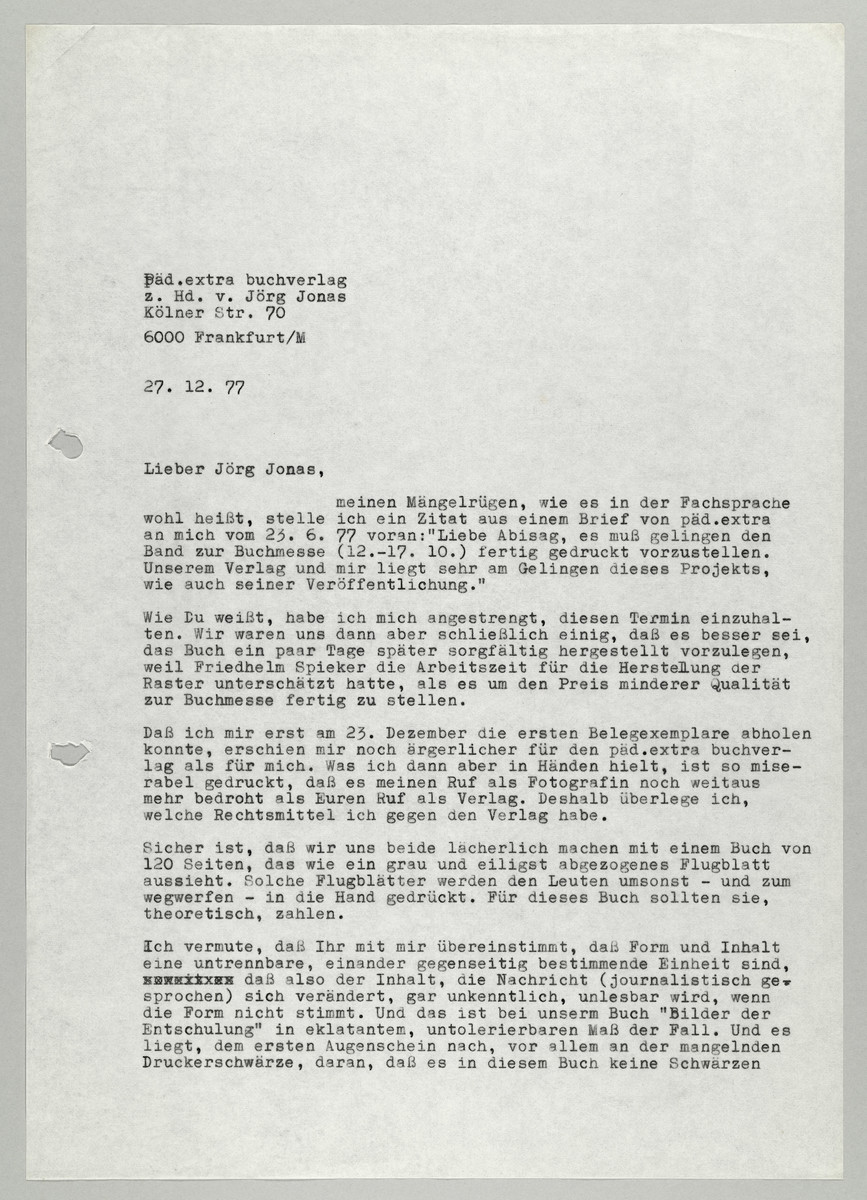 Brief von Abisag Tüllmann an den Päd.extra Buchverlag / Jörg Jonas, 1977 - 