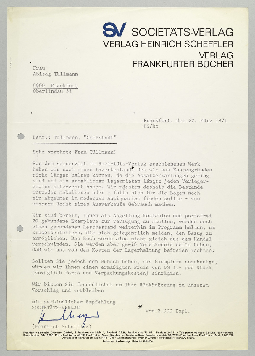 Brief vom Societäts-Verlag / Heinrich Scheffler an Abisag Tüllmann, 22.3.1971 - 
