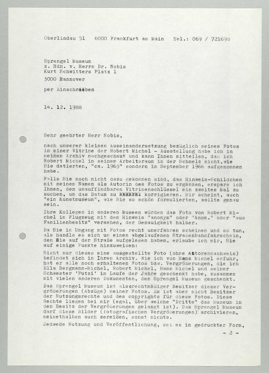 Brief von Abisag Tüllmann an das Sprengel Museum / Herr Nobis, 14.12.1988 (1) - 