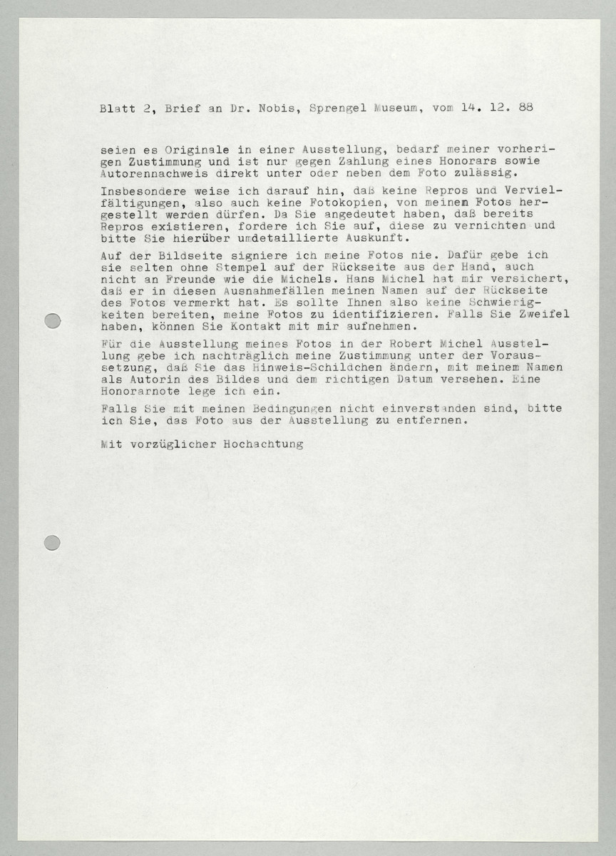Brief von Abisag Tüllmann an das Sprengel Museum / Herr Nobis, 14.12.1988 (2) - 