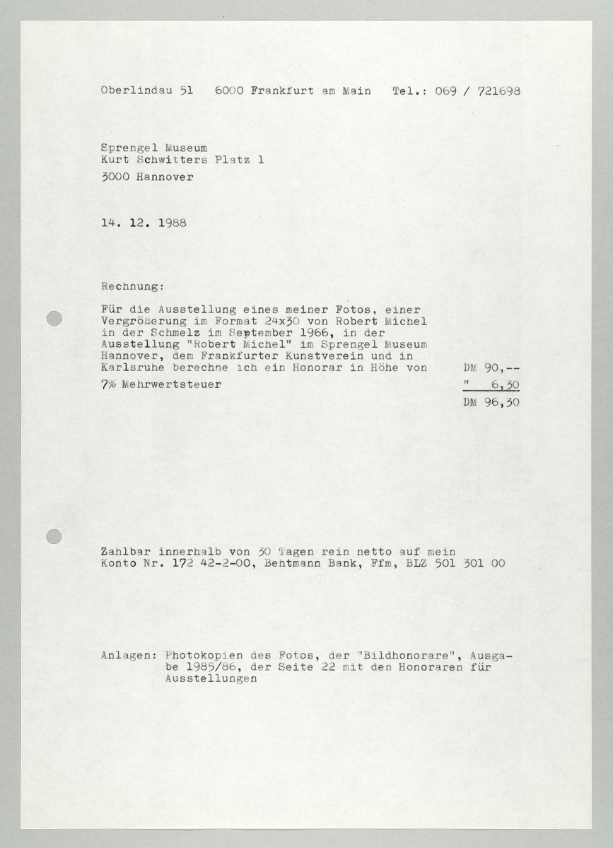Rechnung von Abisag Tüllmann an das Sprengel Museum, 14.12.1988 - 