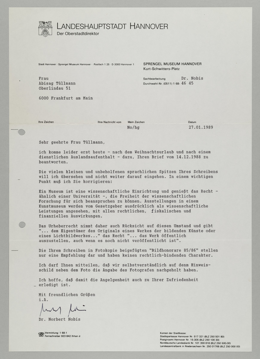 Brief vom Sprengel Museum / Norbert Nobis an Abisag Tüllmann, 27.1.1989 - 
