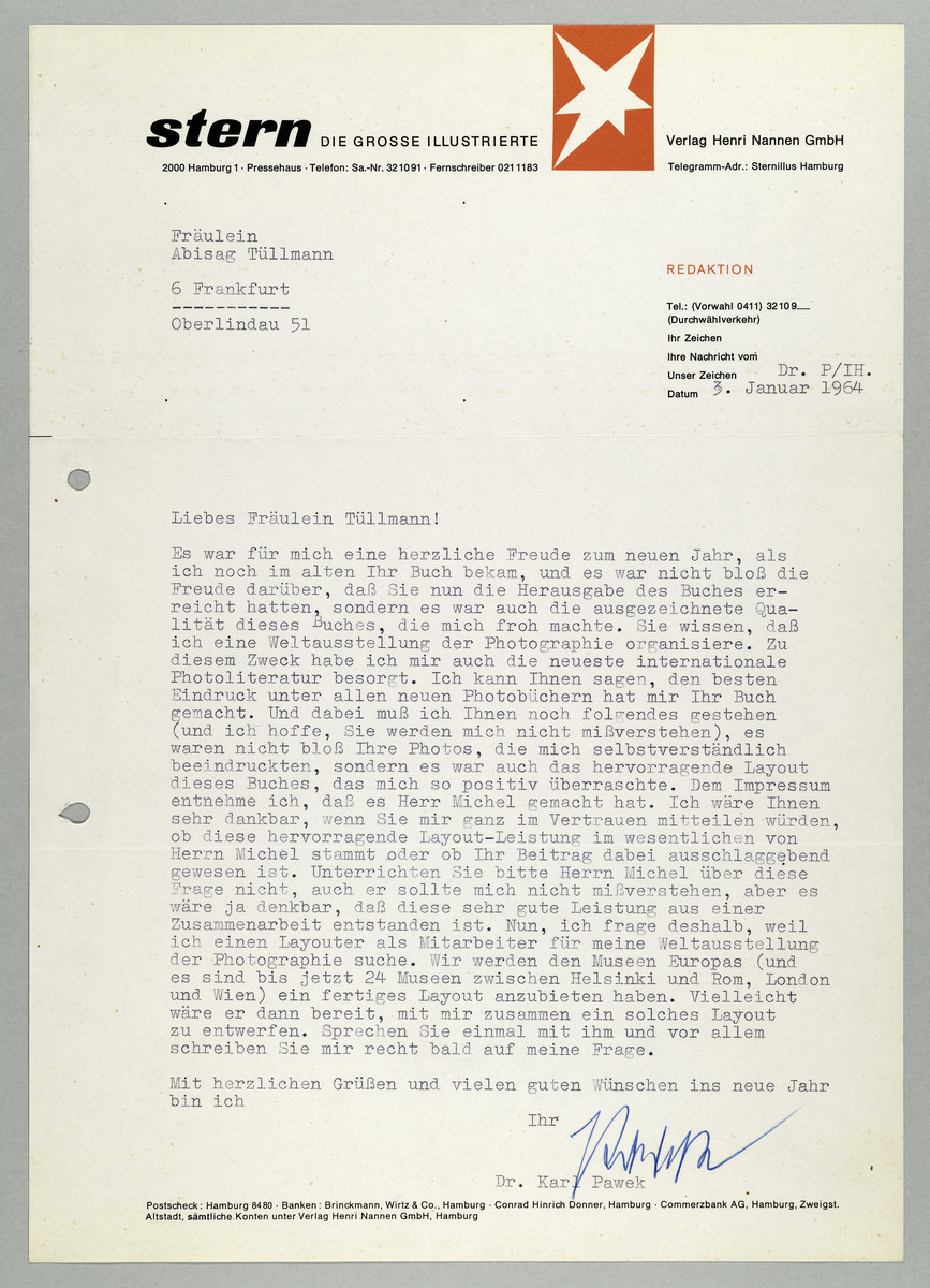 Brief vom Magazin Stern / Dr. Karl Pawek an Abisag Tüllmann, 3.1.1964 - 