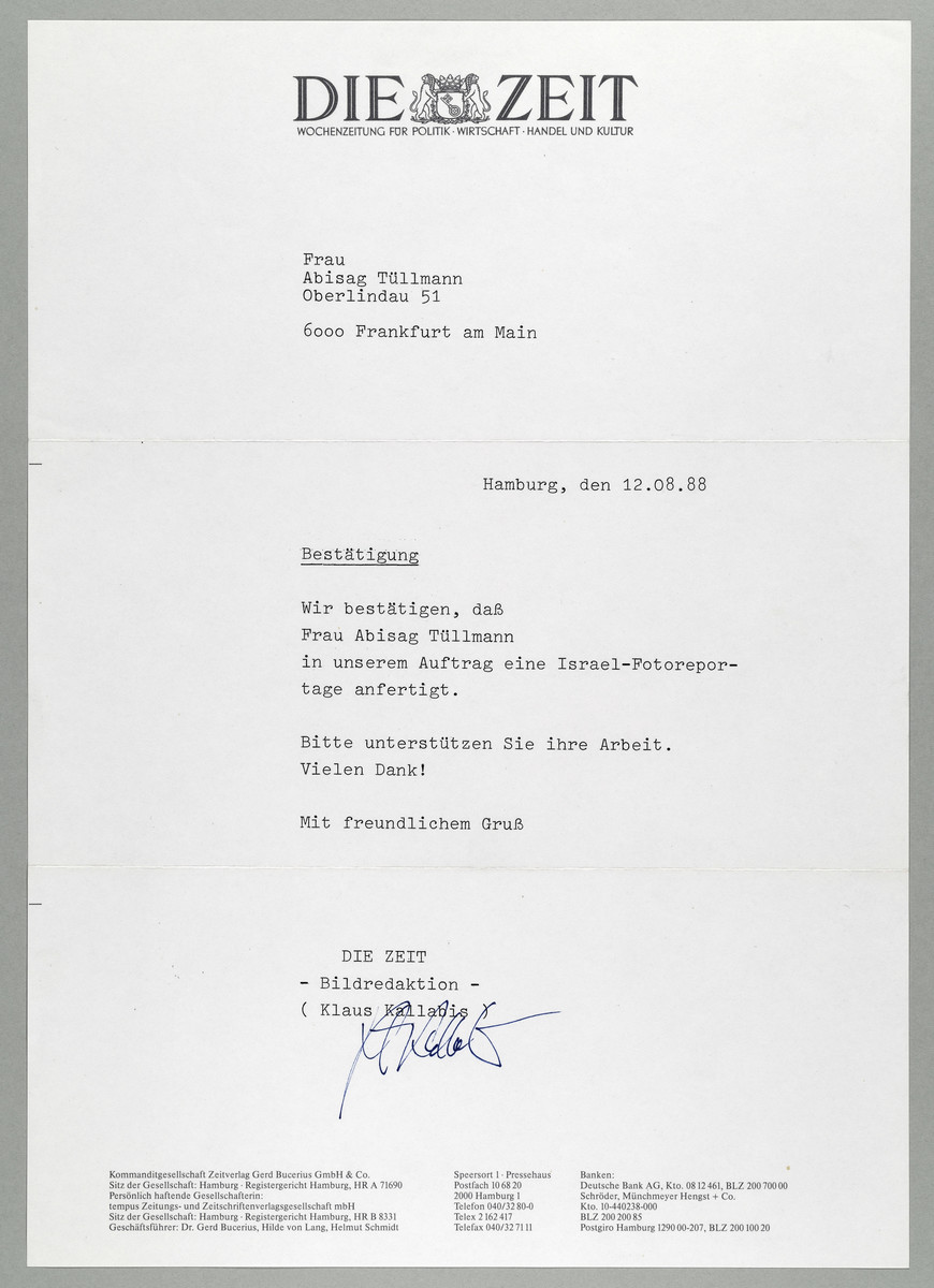 Begleitschreiben der ZEIT / Klaus Kallabis für Abisag Tüllmann, 12.8.1988 - 