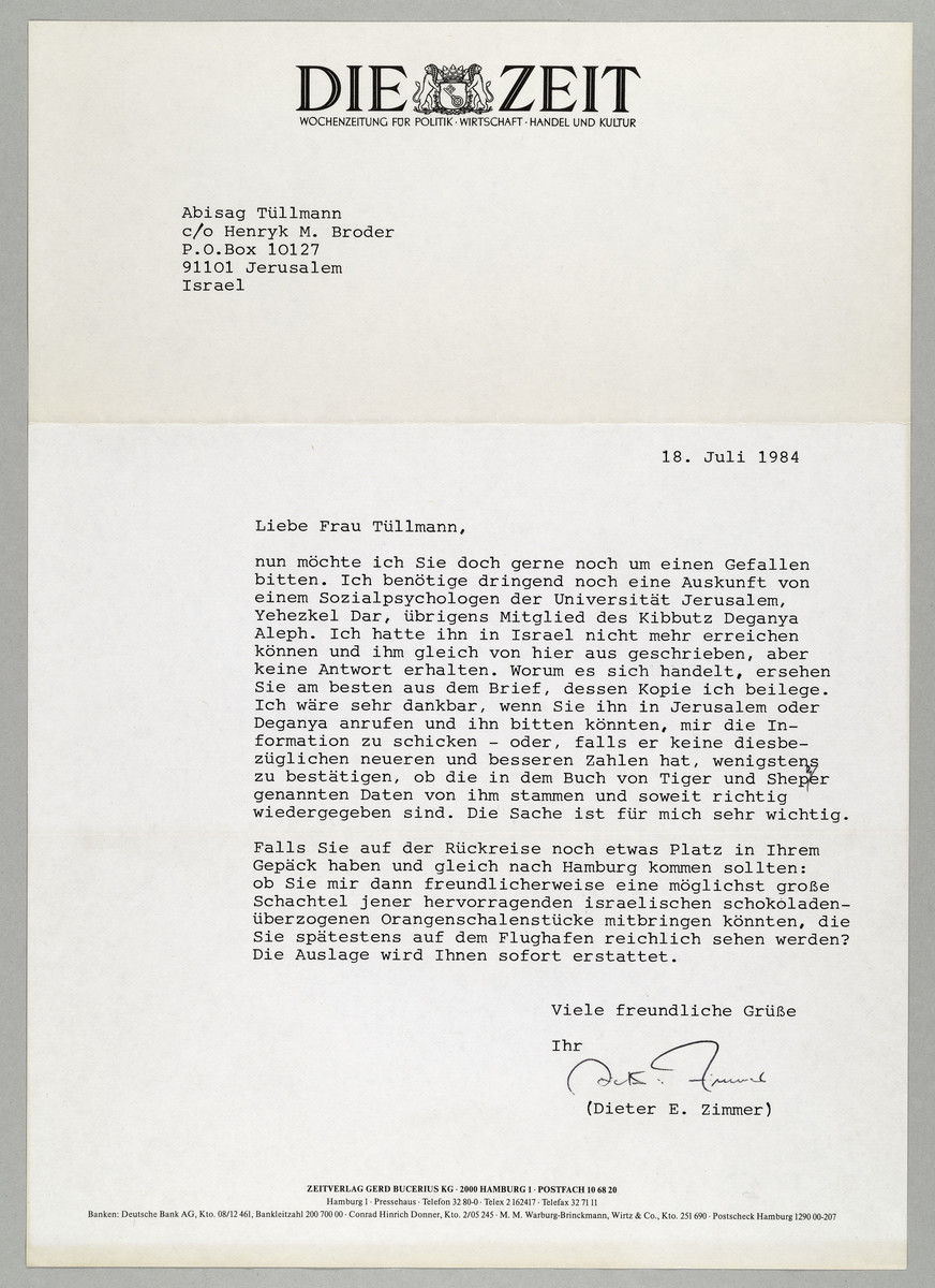Brief von der ZEIT / Dieter E. Zimmer an Abisag Tüllmann, 18.7.1984 - 