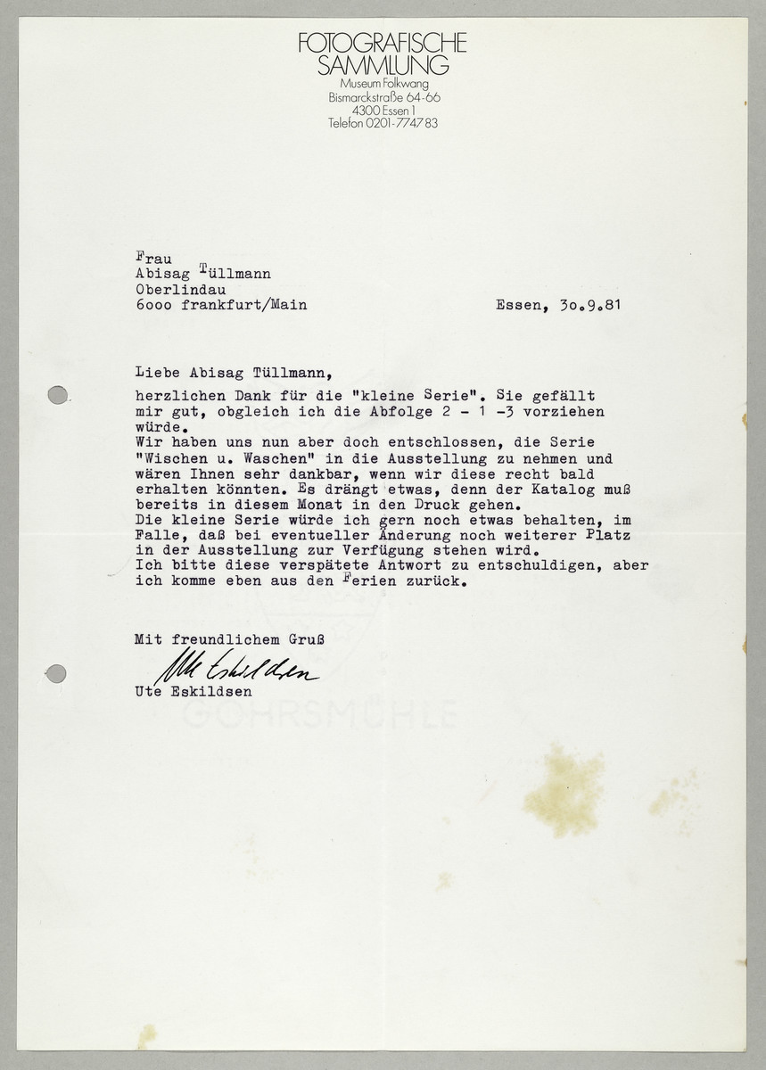 Brief von Ute Eskildsen (Fotografische Sammlung, Museum Folkwang) an Abisag Tüllmann, 30.9.1981 - 