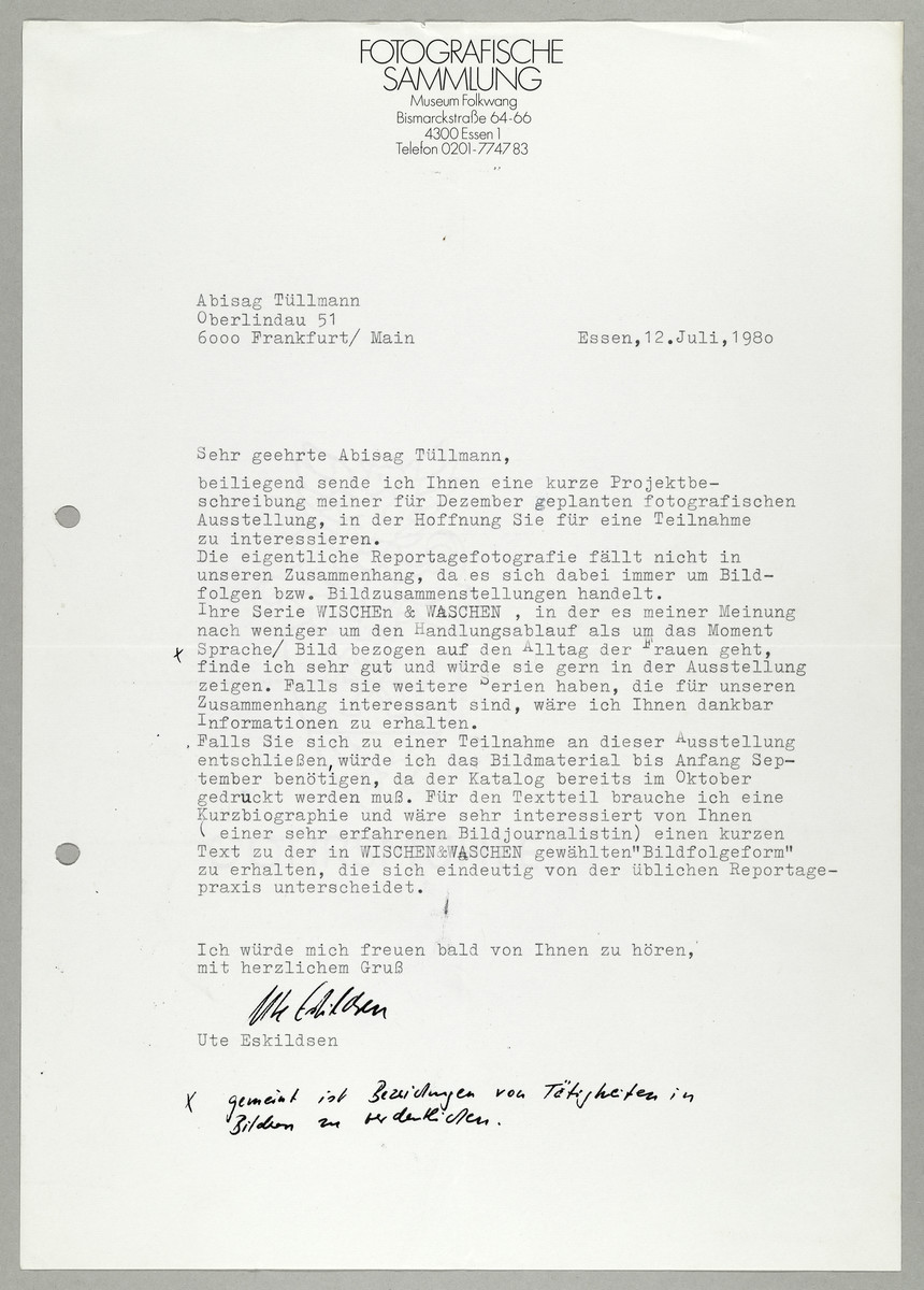 Brief von Ute Eskildsen (Fotografische Sammlung, Museum Folkwang) an Abisag Tüllmann, 12.7.1980 - 
