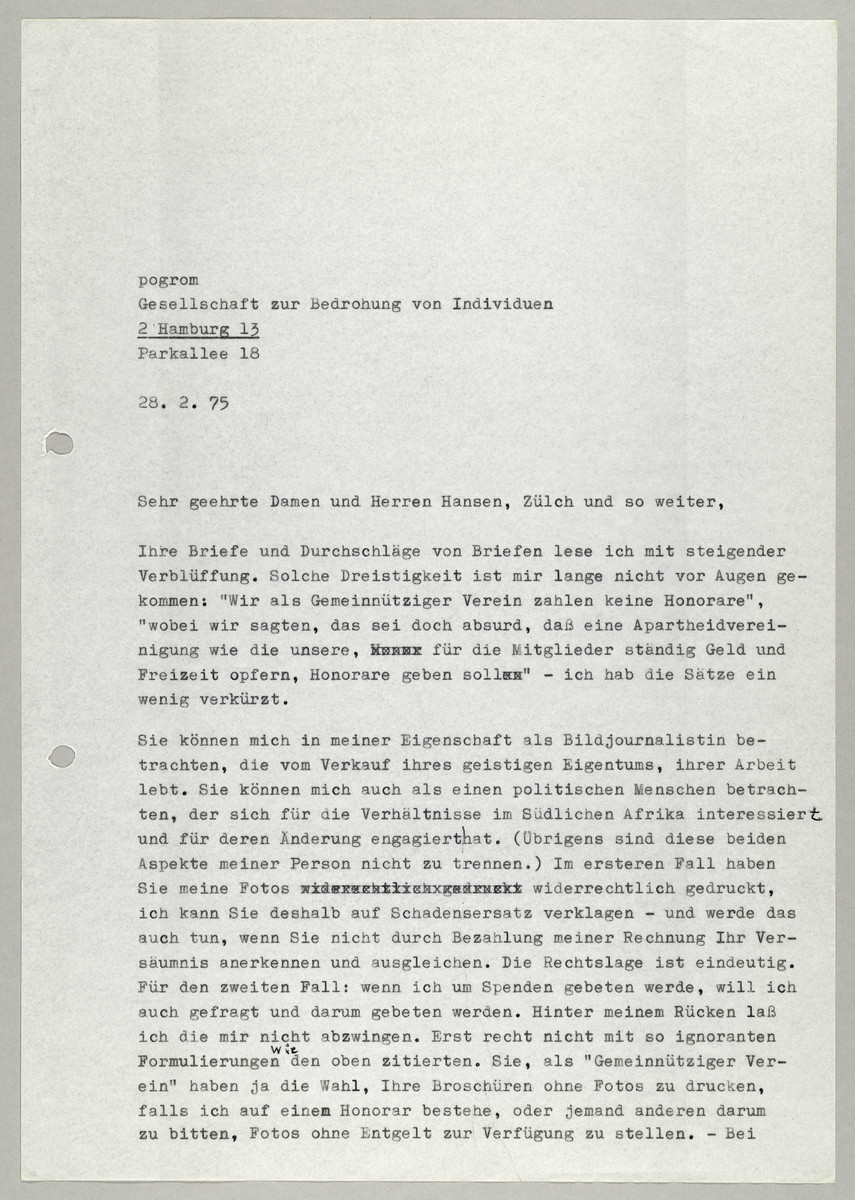 Brief von Abisag Tüllmann an die Gesellschaft für bedrohte Völker, 28.2.1975 - 