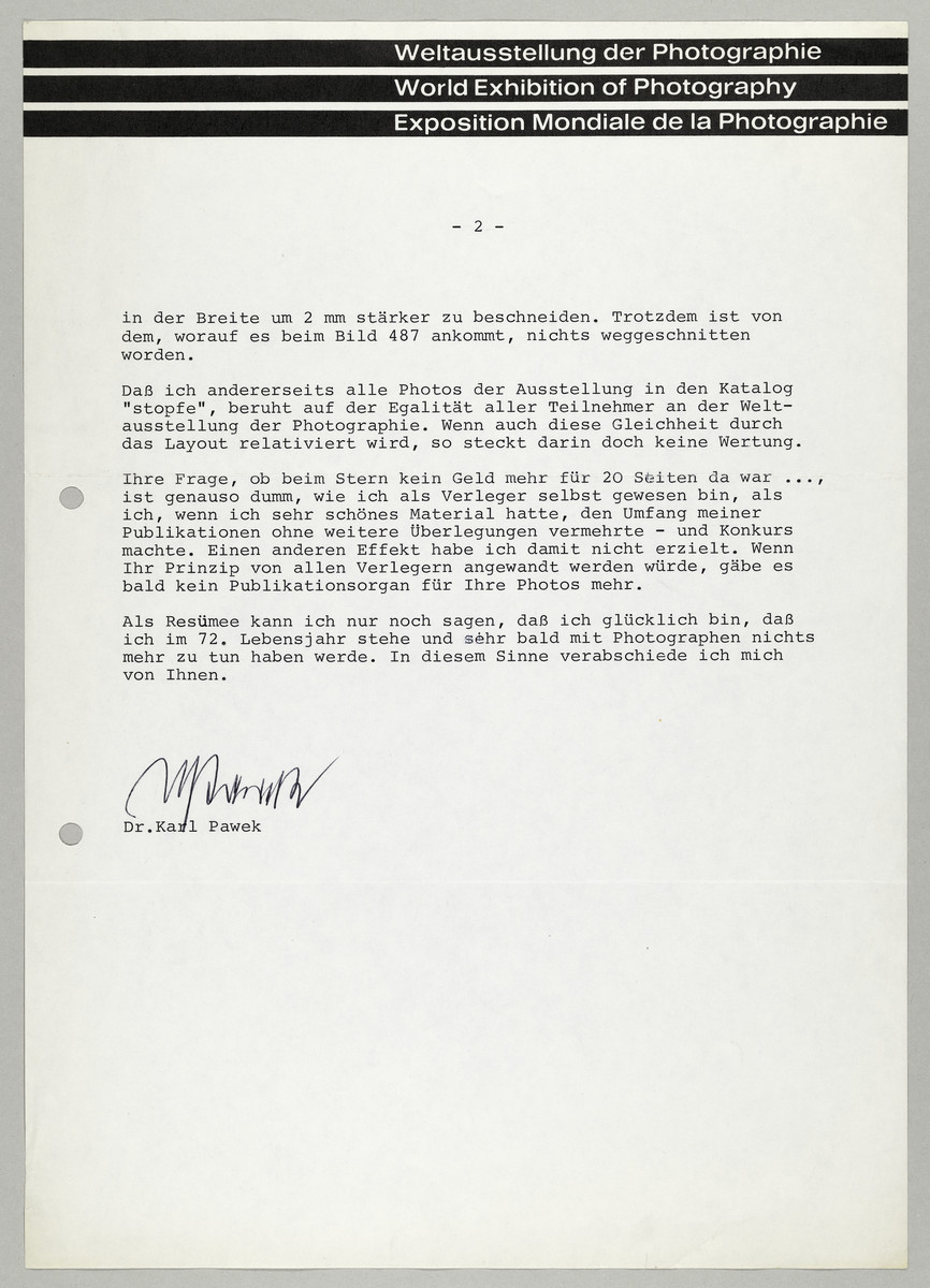 Brief von Dr. Karl Pawek (Weltausstellung der Photographie) an Abisag Tüllmann, 23.11.1977 (2) - 