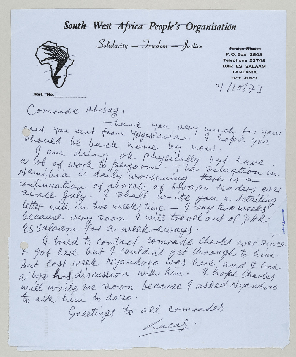 Brief von Lucas Pohamba (SWAPO) an Abisag Tüllmann, 4.10.1973 - 