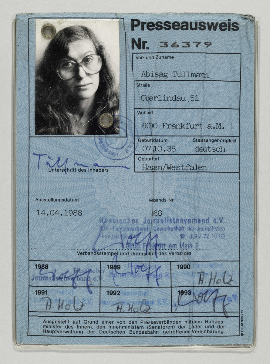 Presseausweis der Fotografin Abisag Tüllmann, 14.4.1988 (Ausstellungsdatum) - 