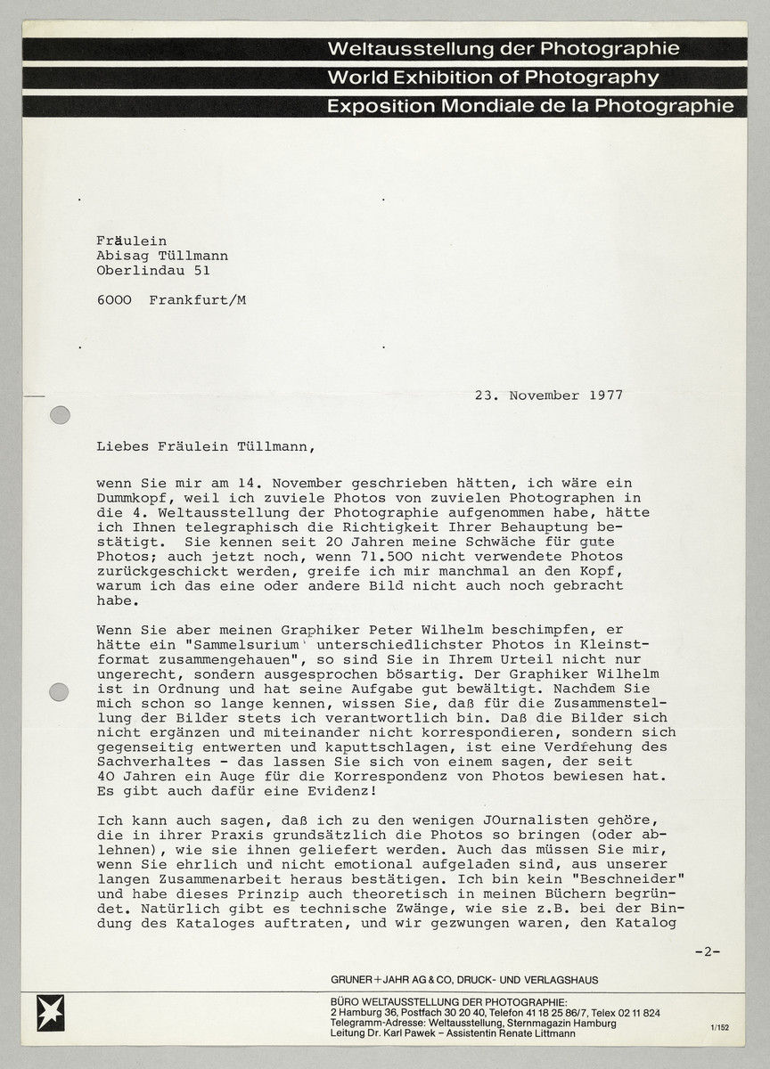 Brief von Dr. Karl Pawek (Weltausstellung der Photographie) an Abisag Tüllmann - 